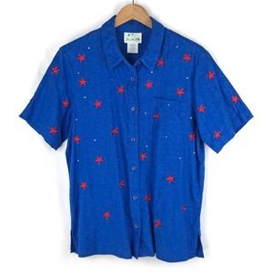 Quacker Factory Button Down Blue Linen Patriotic M